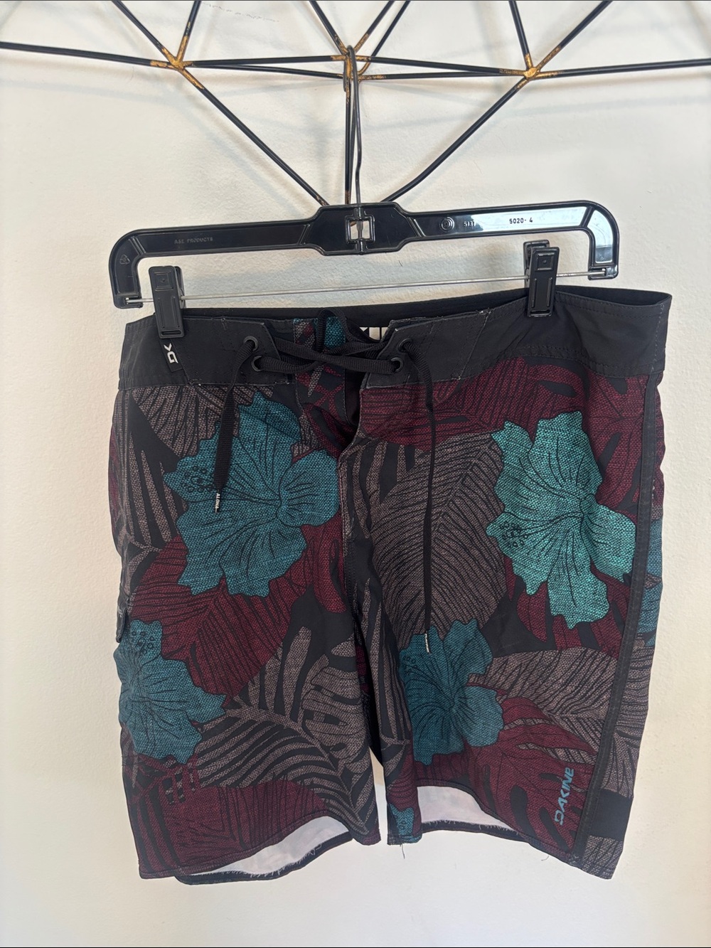Dakine Black Board Shorts with Teal Floral & Maroon Leaf Print